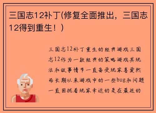 三国志12补丁(修复全面推出，三国志12得到重生！)